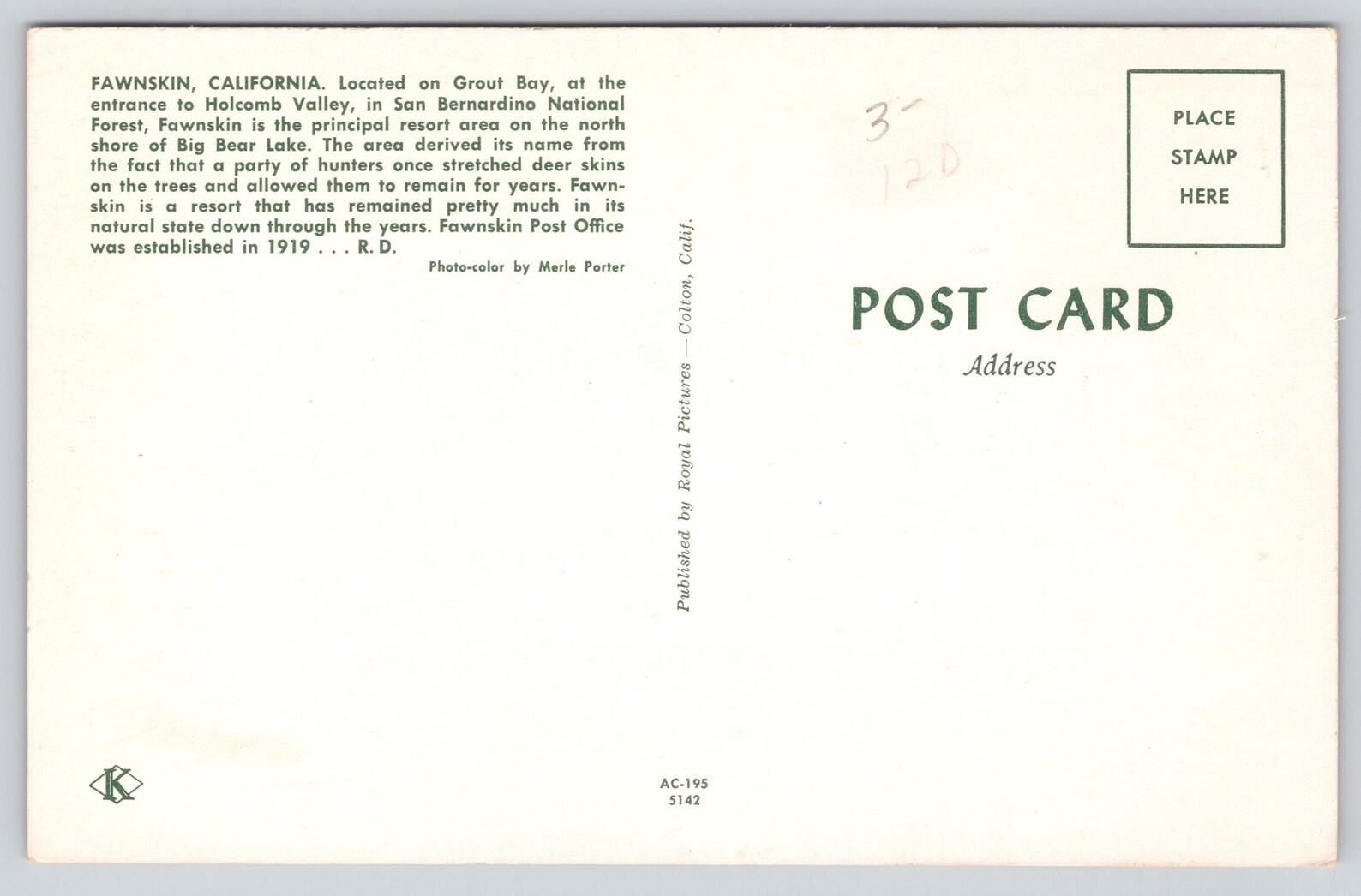 Fawnskin Lodge card, reverse